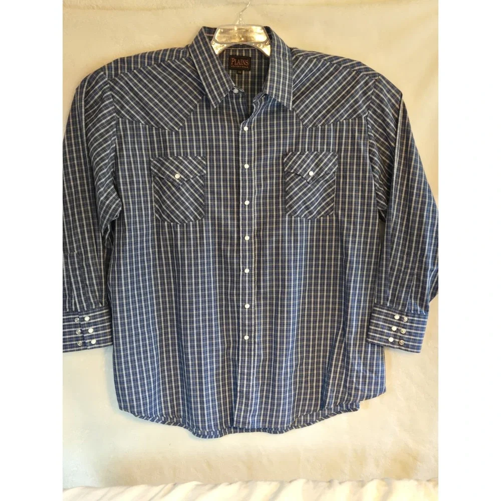 Plains Western Wear Mens 3X Pearl Snap Blue‎ Plaid Button Up Shirt Big Man